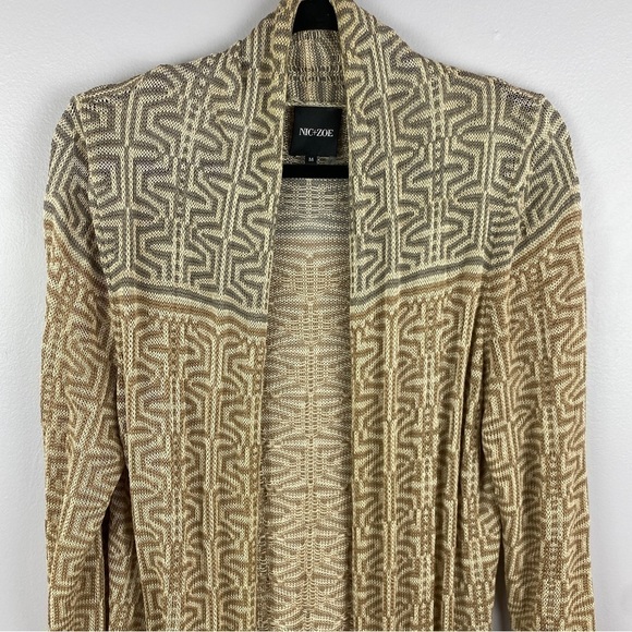 NIC + Zoe Linen Blend Boho Geometric Open Front Fringe Cardigan Medium Cream - Picture 4 of 12